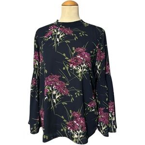 Loft Chiffon Floral Tie Back Bell Sleeve Blue Red Medium Petite